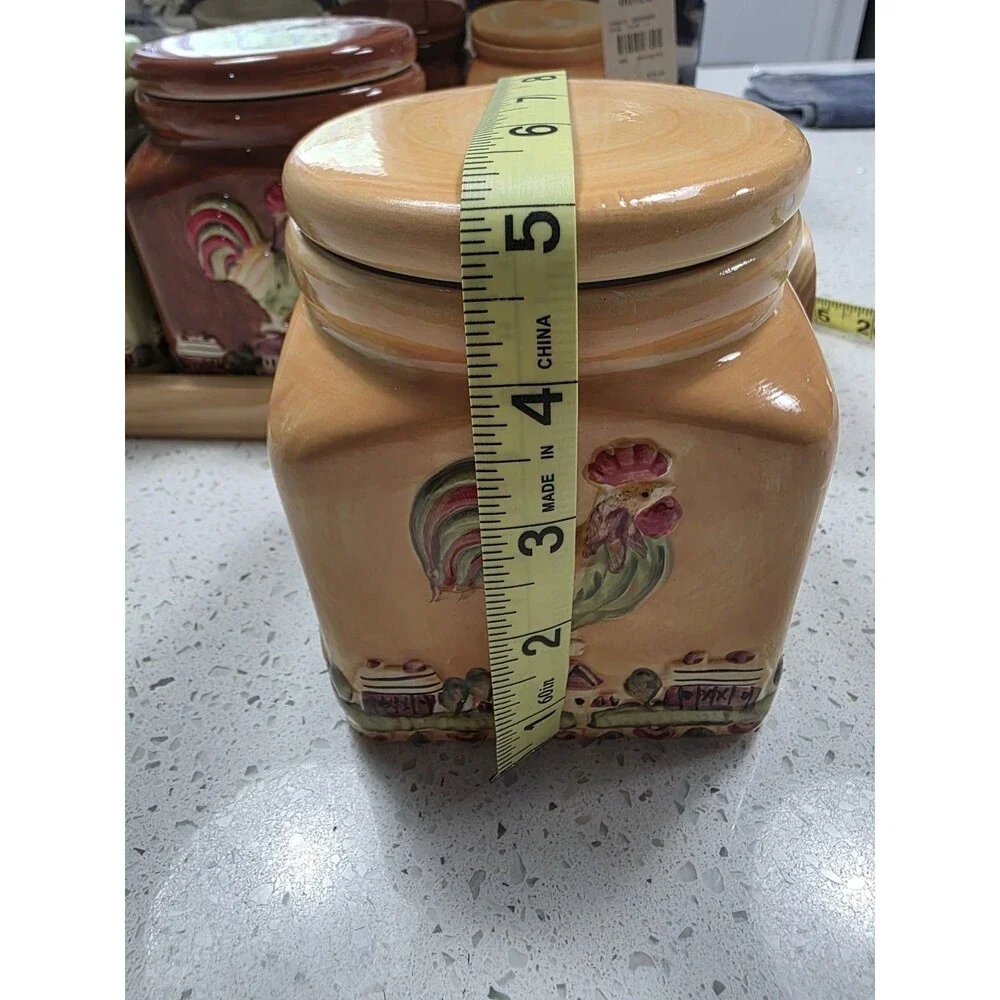 Vintage 3 piece Rooster Kitchen canister set with wooden stand
